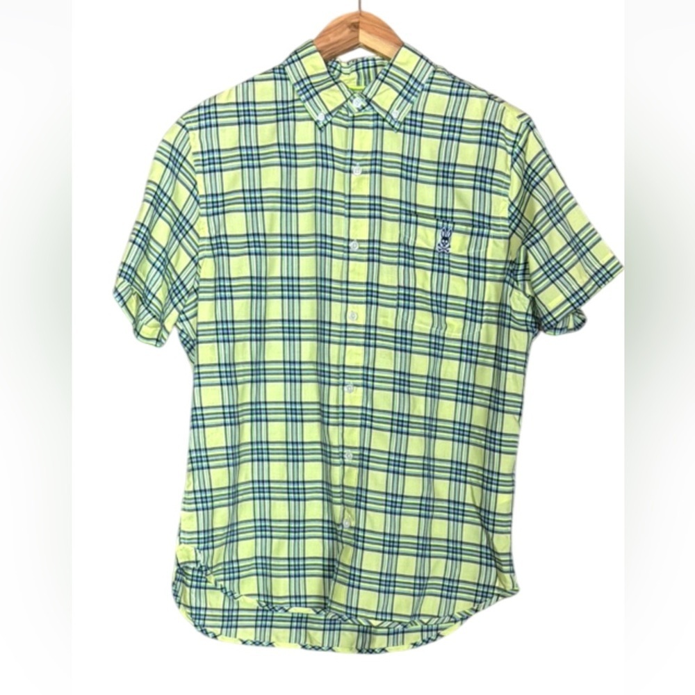 Psycho Bunny neon green plaid short sleeve button down shirt Size Medium
